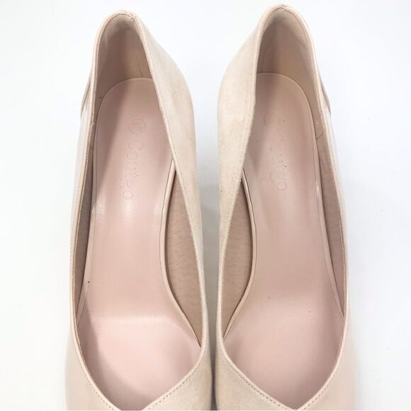 Coutgo Cream Patent Leather Faux Suede Pointed Toe Heels - Picture 7 of 11